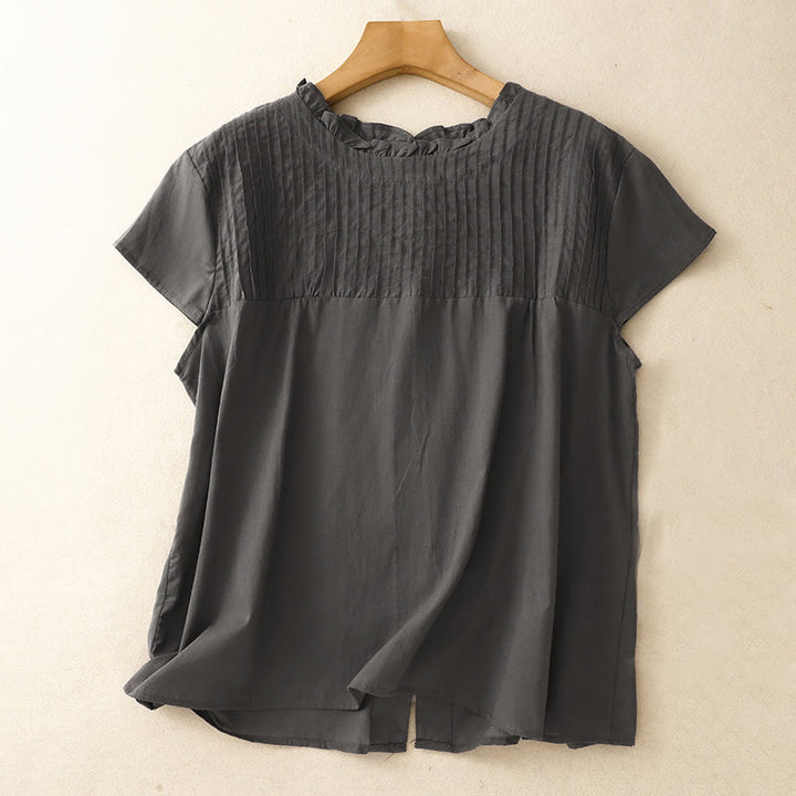 Buddha Stones Summer Pure Color Ruffled Pleated Design Women's Cotton Short Sleeve Shirt - DarkSlateGray - US12，UK/AU16，EU44 (2XL) - image 6