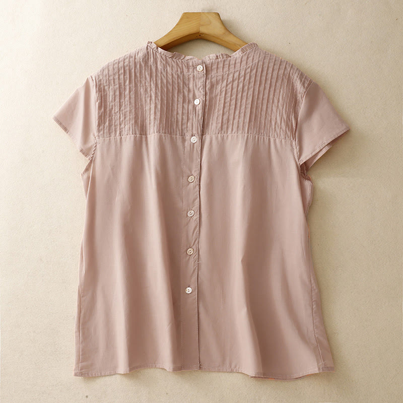 Buddha Stones Summer Pure Color Ruffled Pleated Design Women's Cotton Short Sleeve Shirt - DarkSalmon - US12，UK/AU16，EU44 (2XL) - image 0