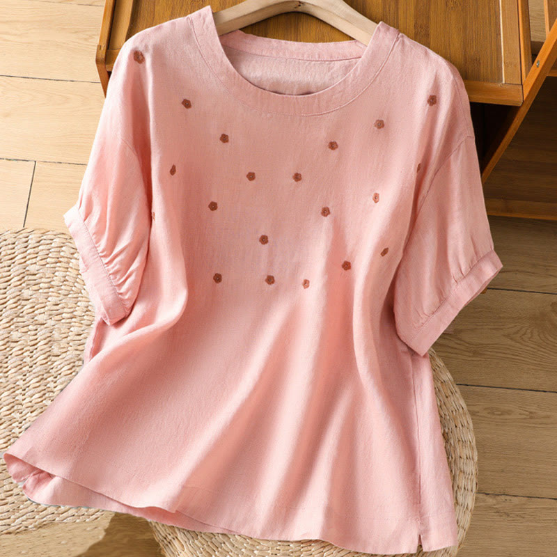 Buddha Stones Plain Embroided Floral Half Sleeve Women's T-Shirt - LightPink - US14，UK/AU18，EU46 (2XL) - image 6