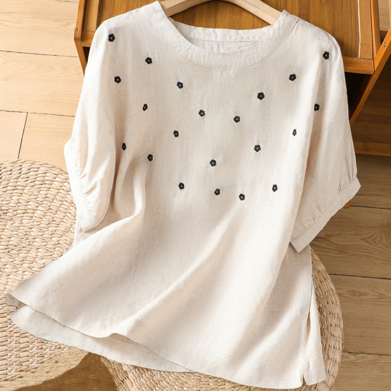 Buddha Stones Plain Embroided Floral Half Sleeve Women's T-Shirt - Beige - US14，UK/AU18，EU46 (2XL) - image 14