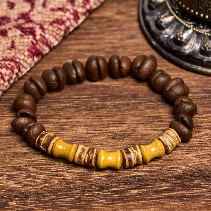 Buddha Stones Handmade Natural Coffee Beans Coconut Shell Bamboo Jade Positive Bracelet - image 2
