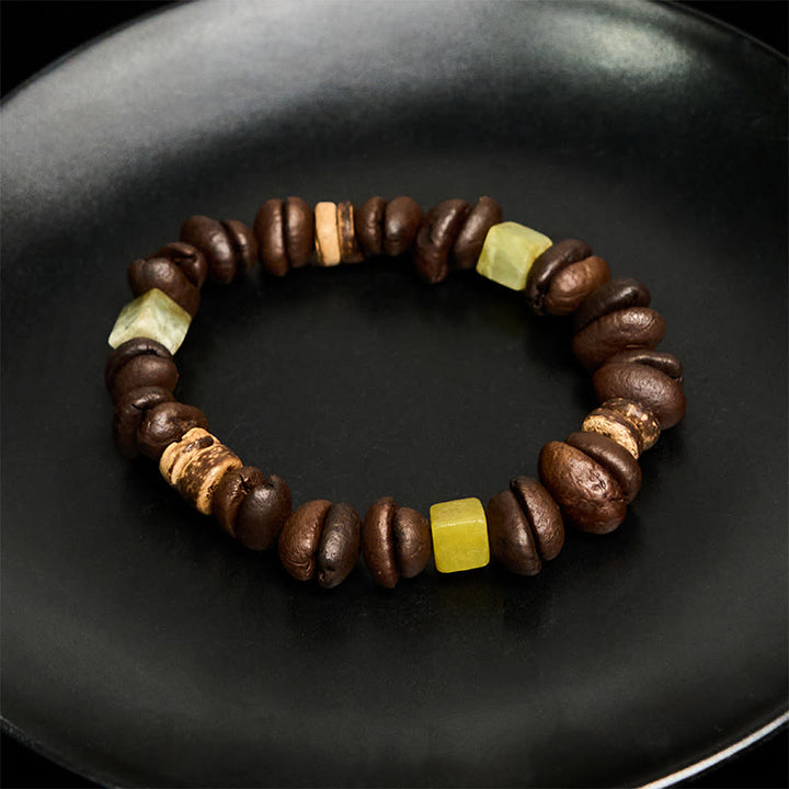 Buddha Stones Handmade Natural Coffee Beans Coconut Shell Square Jade Positive Bracelet - image 4
