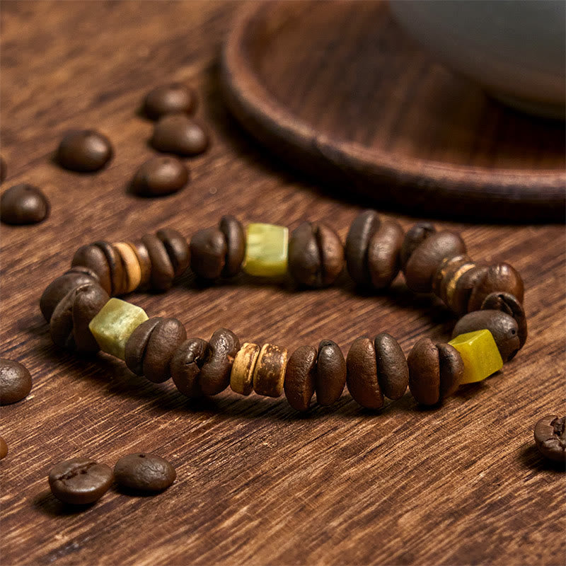 Buddha Stones Handmade Natural Coffee Beans Coconut Shell Square Jade Positive Bracelet - Coffee Beans(Wrist Circumference 14-17cm) - image 0