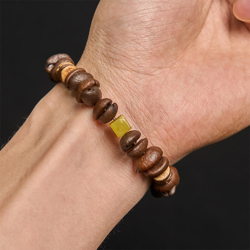 Buddha Stones Handmade Natural Coffee Beans Coconut Shell Square Jade Positive Bracelet - image 3