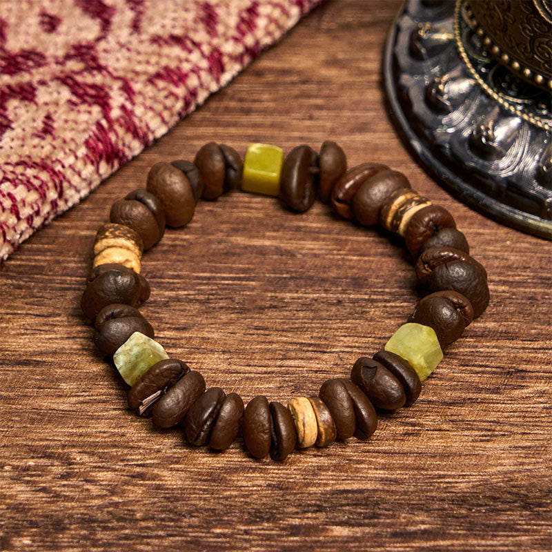 Buddha Stones Handmade Natural Coffee Beans Coconut Shell Square Jade Positive Bracelet - image 1