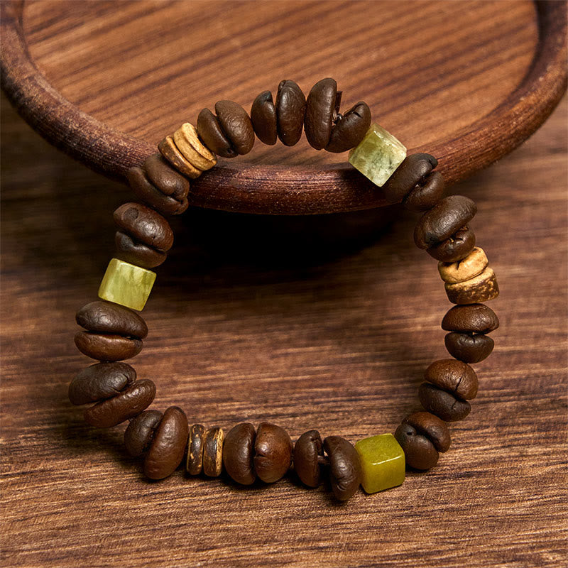 Buddha Stones Handmade Natural Coffee Beans Coconut Shell Square Jade Positive Bracelet - image 2