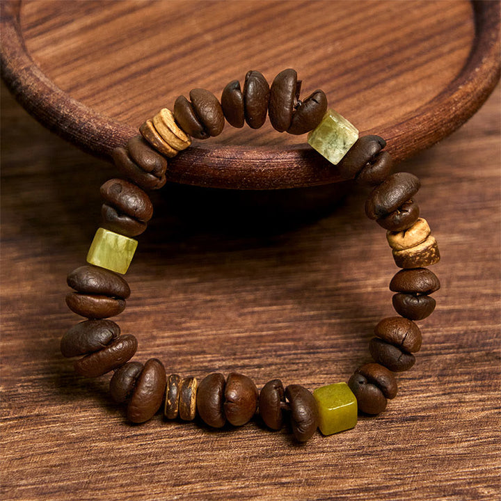 Buddha Stones Handmade Natural Coffee Beans Coconut Shell Square Jade Positive Bracelet - image 2