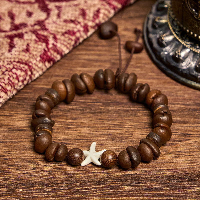 Buddha Stones Handmade Natural Coffee Beans Wood Beads Starfish Bracelet - image 1