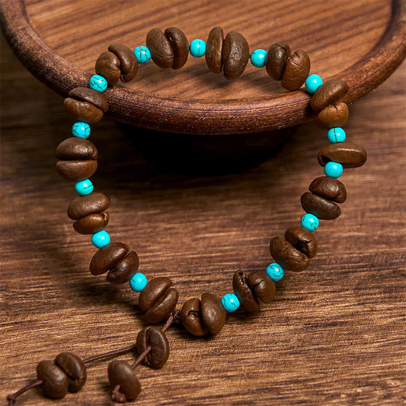 Buddha Stones Handmade Natural Coffee Beans Turquoise Beads Bracelet - image 2