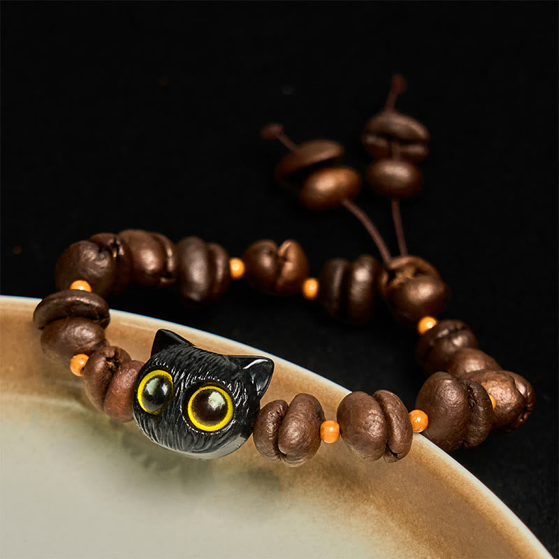 Buddha Stones Handmade Natural Coffee Beans Cat Head Bodhi Seed Claw Paw Peace Bracelet - Black Cat Head(Wrist Circumference 14-17cm) - image 0