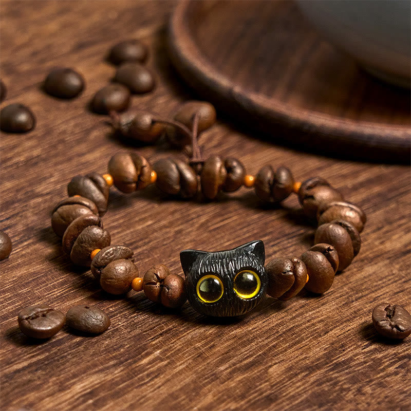 Buddha Stones Handmade Natural Coffee Beans Cat Head Bodhi Seed Claw Paw Peace Bracelet - image 1