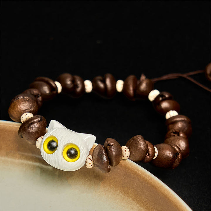 Buddha Stones Handmade Natural Coffee Beans Cat Head Bodhi Seed Claw Paw Peace Bracelet - White Cat Head(Wrist Circumference 14-17cm) - image 7