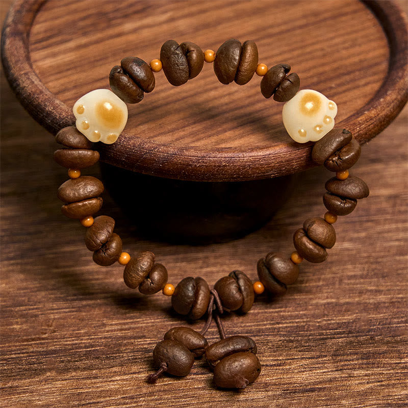 Buddha Stones Handmade Natural Coffee Beans Cat Head Bodhi Seed Claw Paw Peace Bracelet - image 15