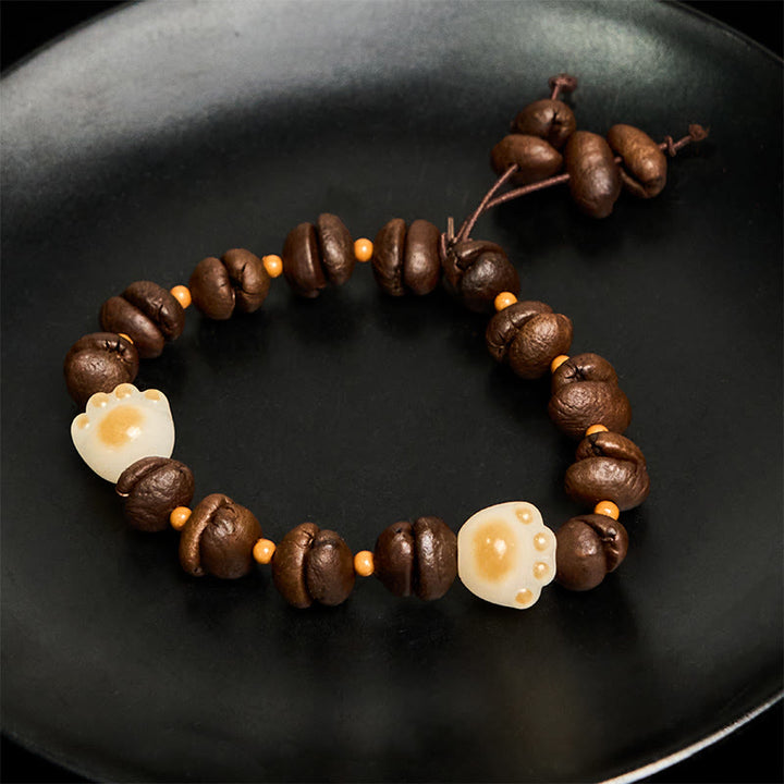 Buddha Stones Handmade Natural Coffee Beans Cat Head Bodhi Seed Claw Paw Peace Bracelet - image 16