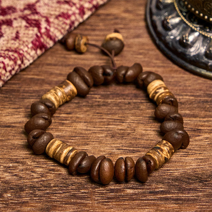 Buddha Stones Handmade Natural Coffee Beans Coconut Shell Happiness Bracelet - Coffee Beans(Wrist Circumference 14-17cm) - image 5