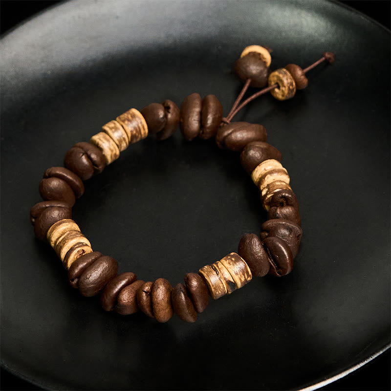 Buddha Stones Handmade Natural Coffee Beans Coconut Shell Happiness Bracelet - image 8