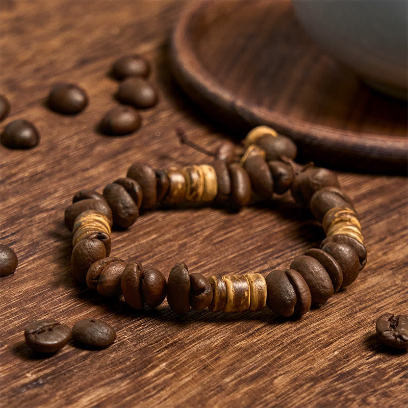Buddha Stones Handmade Natural Coffee Beans Coconut Shell Happiness Bracelet - image 6