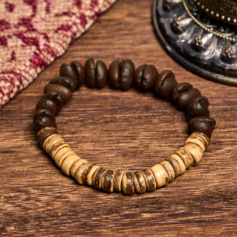 Buddha Stones Handmade Natural Coffee Beans Coconut Shell Happiness Bracelet - image 1