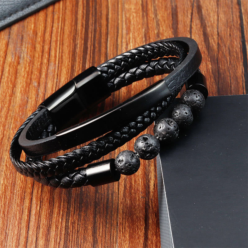 Buddha Stones Leather Titanium Steel Lava Rock Strengthen Buckle Bracelet - image 2