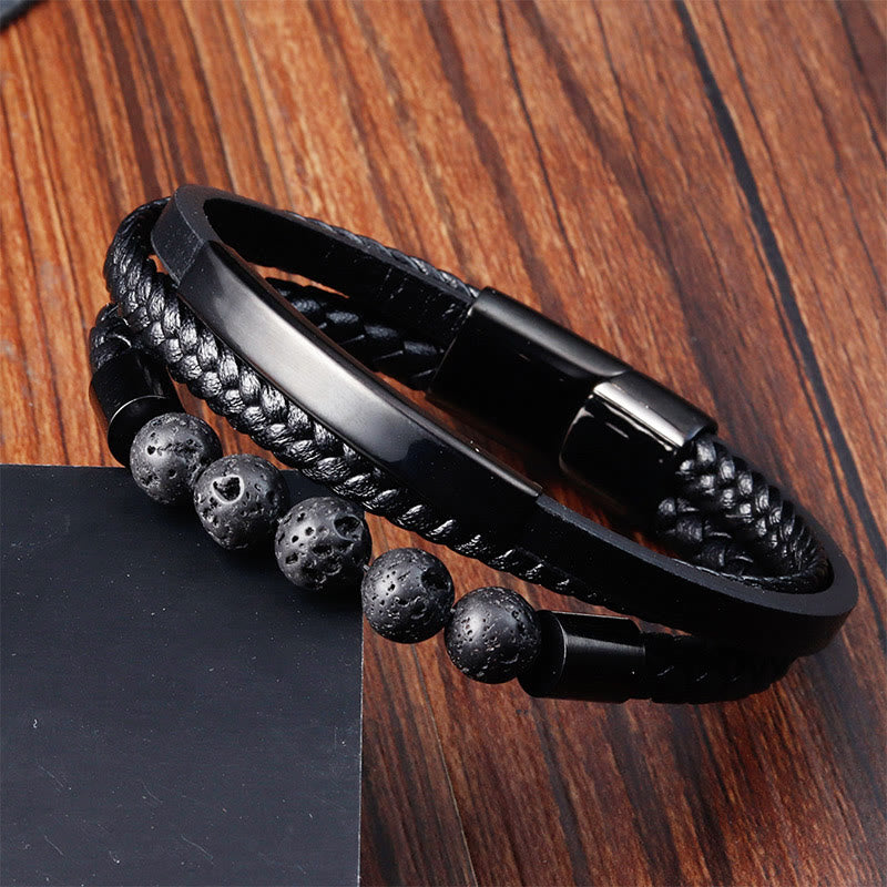 Buddha Stones Leather Titanium Steel Lava Rock Strengthen Buckle Bracelet - image 1