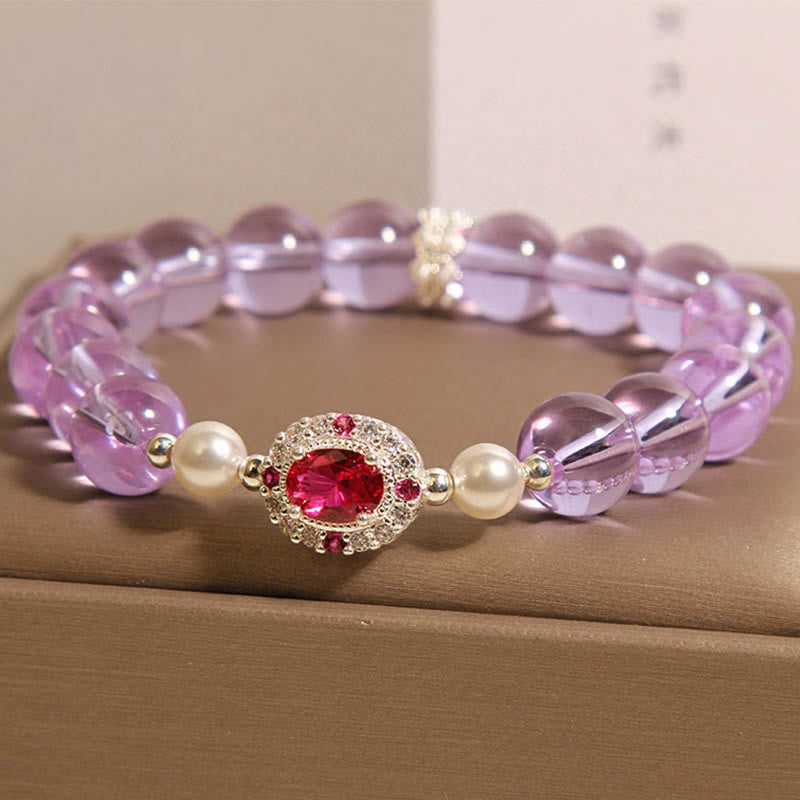 Buddha Stones Natural Amethyst Pearl Red Zircon Balance Bracelet - image 1