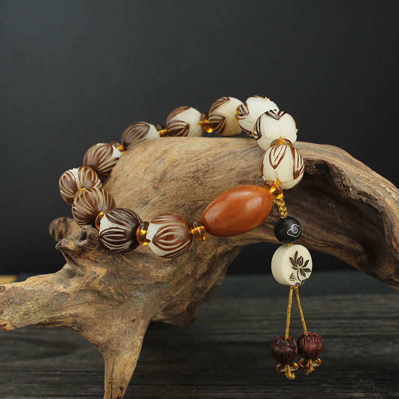 Buddha Stones Tibetan Mala White Bodhi Seed Peace Bracelet - Bodhi Seed & Olivary Nucleus (Wrist Circumference: 16-18cm) - image 0