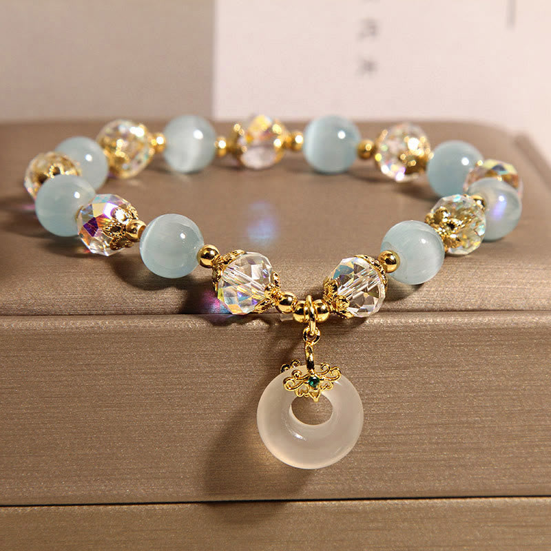 Buddha Stones Blue Cat's Eye White Crystal Peace Buckle Meaning Balance Bracelet - image 2