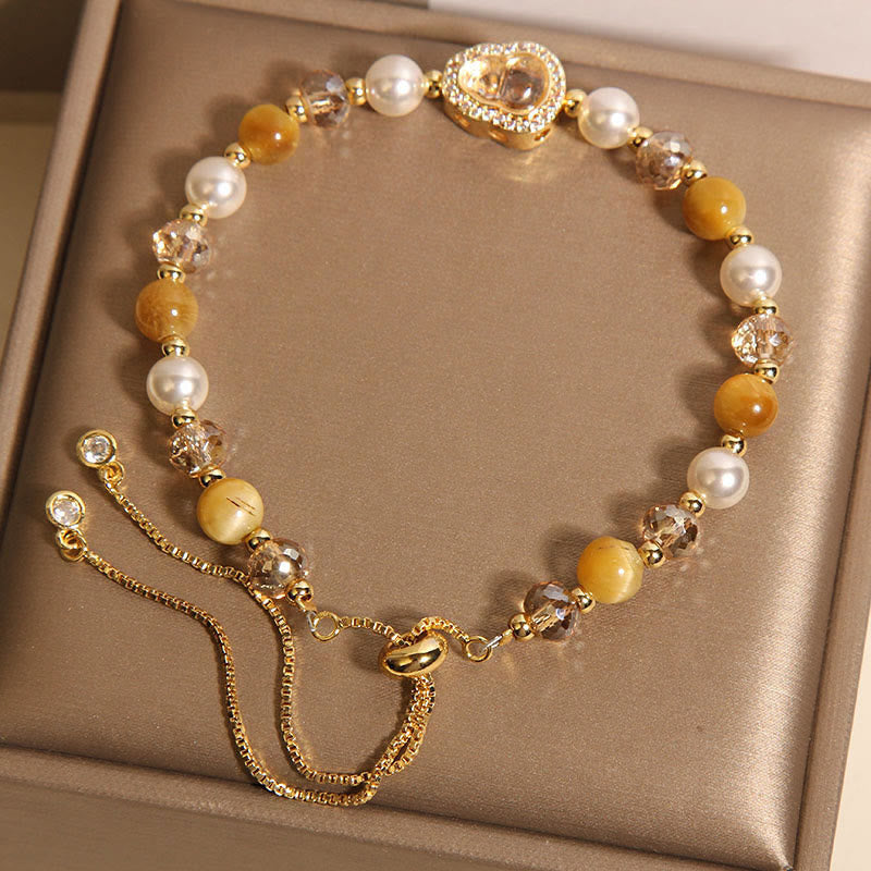 Buddha Stones Yellow Cat's Eye Stone Pearl Gourd Prosperity Bracelet - image 3