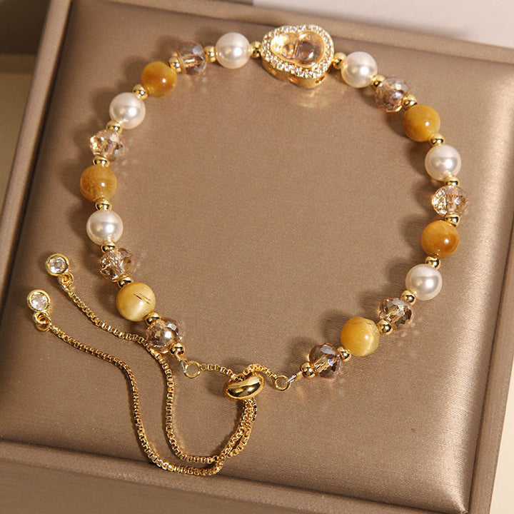 Buddha Stones Yellow Cat's Eye Stone Pearl Gourd Prosperity Bracelet - image 3
