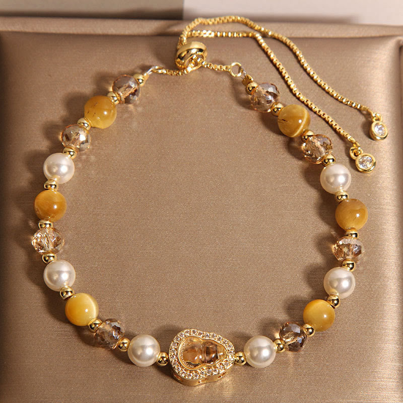 Buddha Stones Yellow Cat's Eye Stone Pearl Gourd Prosperity Bracelet - Yellow Cat's Eye & Pearl(Wrist Circumference: 14-18cm) - image 0