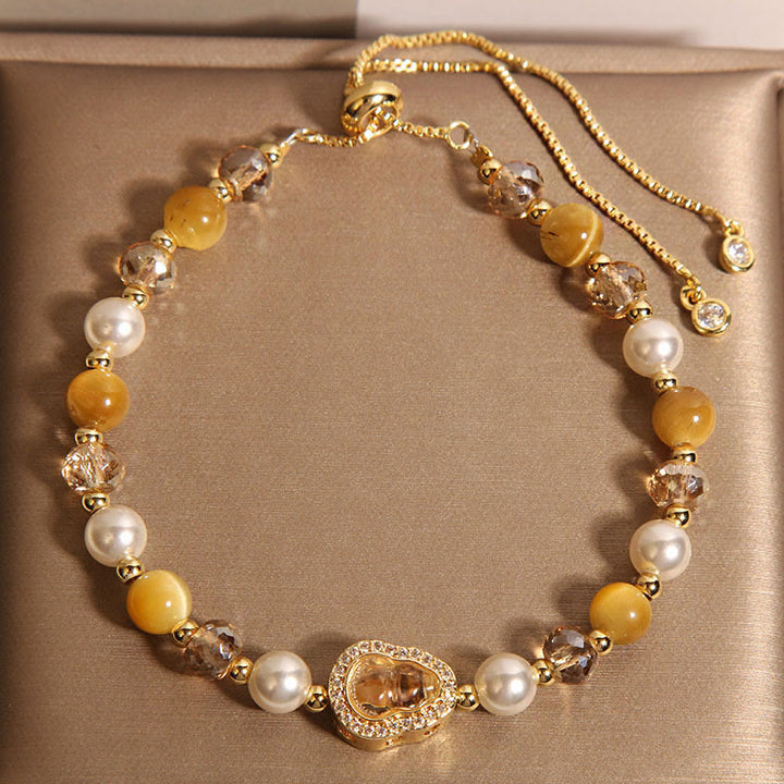 Buddha Stones Yellow Cat's Eye Stone Pearl Gourd Prosperity Bracelet - Yellow Cat's Eye & Pearl(Wrist Circumference: 14-18cm) - image 0