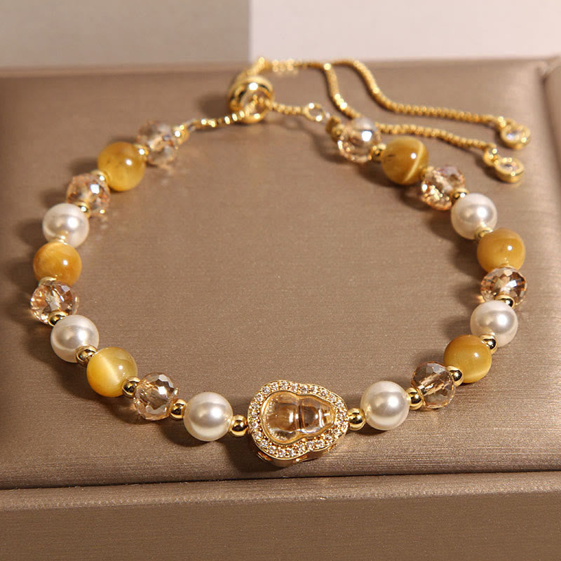 Buddha Stones Yellow Cat's Eye Stone Pearl Gourd Prosperity Bracelet - image 2
