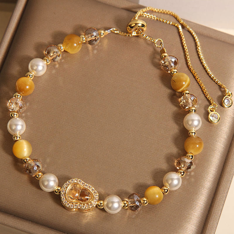 Buddha Stones Yellow Cat's Eye Stone Pearl Gourd Prosperity Bracelet - image 1
