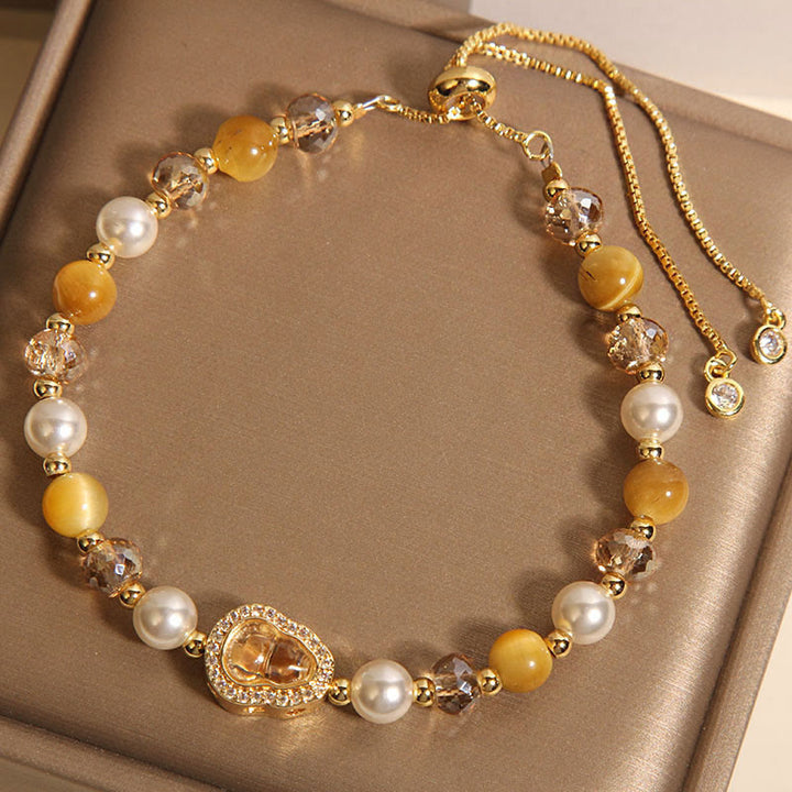Buddha Stones Yellow Cat's Eye Stone Pearl Gourd Prosperity Bracelet - image 1