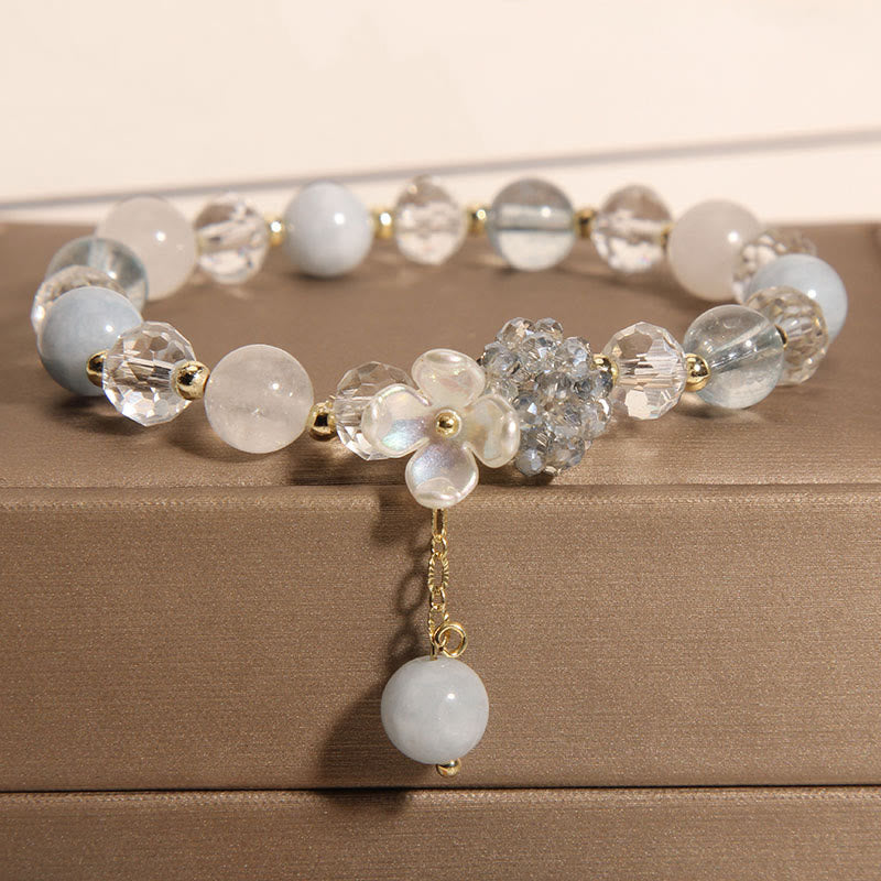 Buddha Stones Aquamarine Yellow Cat's Eye Stone Flower Peace Bracelet - Aquamarine(Wrist Circumference: 14-16cm) - image 0