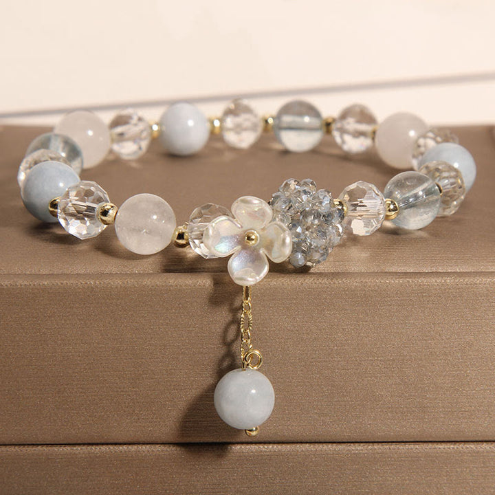 Buddha Stones Aquamarine Yellow Cat's Eye Stone Flower Peace Bracelet - Aquamarine(Wrist Circumference: 14-16cm) - image 0
