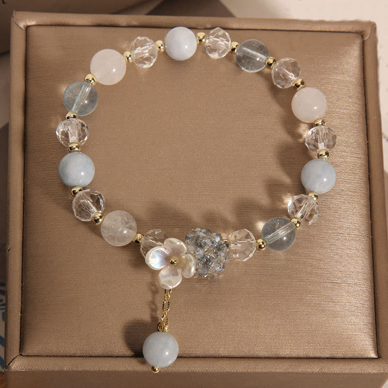 Buddha Stones Aquamarine Yellow Cat's Eye Stone Flower Peace Bracelet - image 2