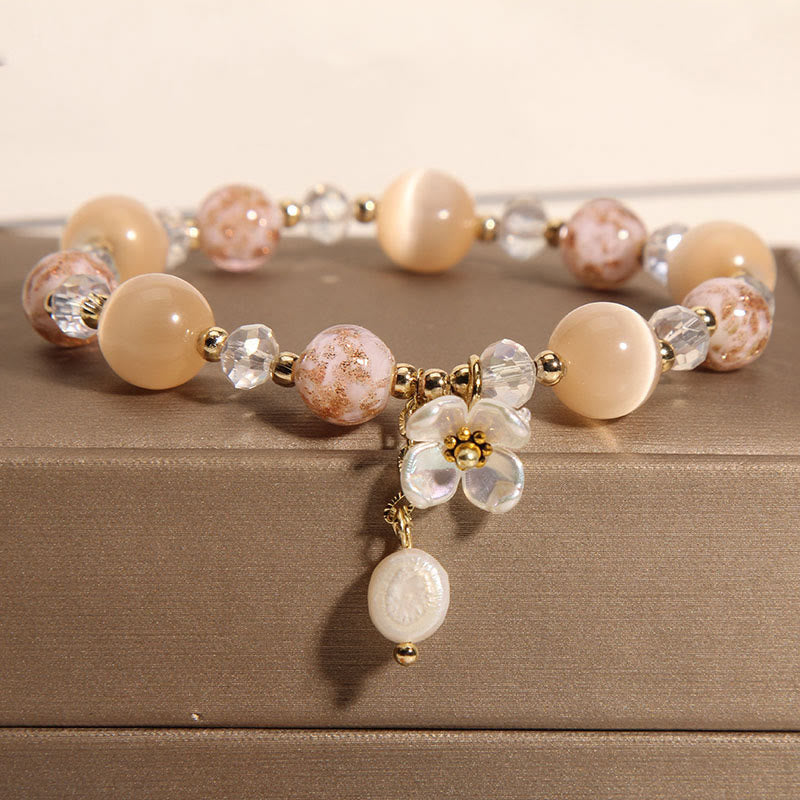Buddha Stones Aquamarine Yellow Cat's Eye Stone Flower Peace Bracelet - Yellow Cat's Eye(Wrist Circumference: 14-16cm) - image 6