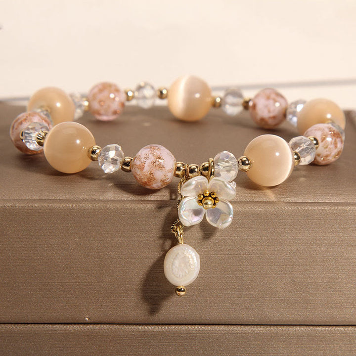 Buddha Stones Aquamarine Yellow Cat's Eye Stone Flower Peace Bracelet - Yellow Cat's Eye(Wrist Circumference: 14-16cm) - image 6