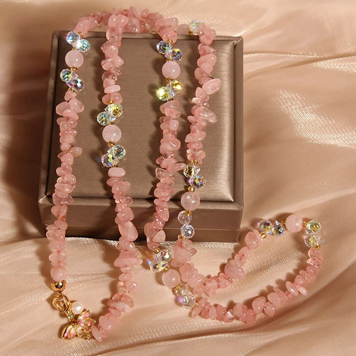Buddha Stones Butterfly Flower Amethyst Strawberry Quartz Balance Necklace Pendant - Pink Crystal - image 8