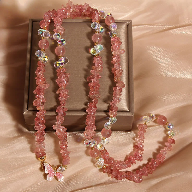 Buddha Stones Butterfly Flower Amethyst Strawberry Quartz Balance Necklace Pendant - Strawberry Quartz - image 6