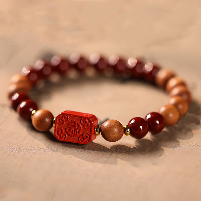 Buddha Stones Cinnabar Wood Beads Lotus Fu Character Blessing Bracelet - Cinnabar & Fu Character(Wrist Circumference: 15-16cm) - image 7