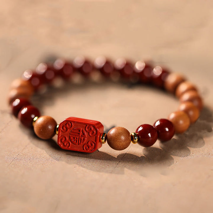 Buddha Stones Cinnabar Wood Beads Lotus Fu Character Blessing Bracelet - Cinnabar & Fu Character(Wrist Circumference: 15-16cm) - image 7