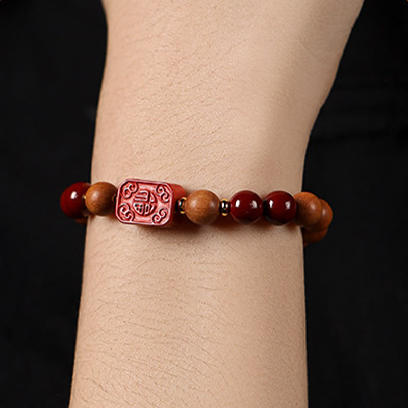Buddha Stones Cinnabar Wood Beads Lotus Fu Character Blessing Bracelet - image 13