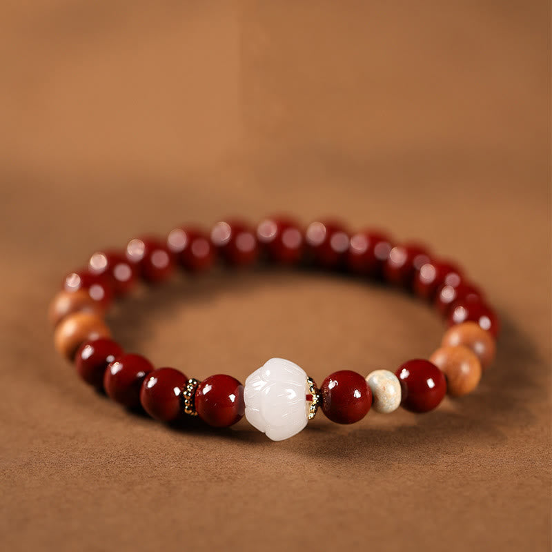 Buddha Stones Cinnabar Wood Beads Lotus Fu Character Blessing Bracelet - Cinnabar & Lotus(Wrist Circumference: 15-16cm) - image 0