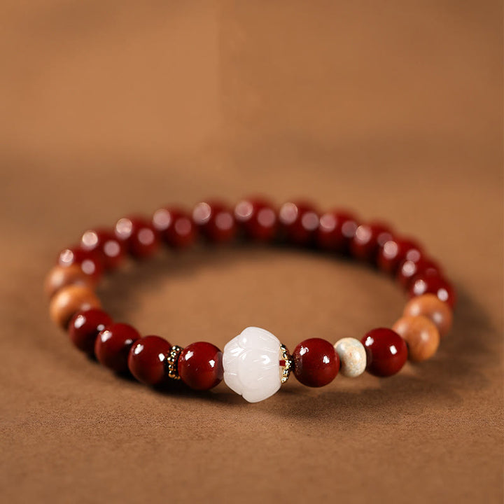 Buddha Stones Cinnabar Wood Beads Lotus Fu Character Blessing Bracelet - Cinnabar & Lotus(Wrist Circumference: 15-16cm) - image 0