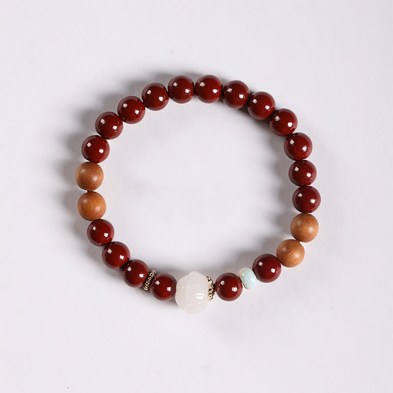 Buddha Stones Cinnabar Wood Beads Lotus Fu Character Blessing Bracelet - image 1