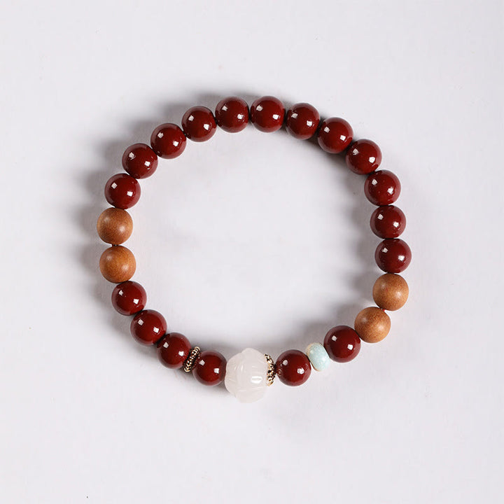 Buddha Stones Cinnabar Wood Beads Lotus Fu Character Blessing Bracelet - image 1