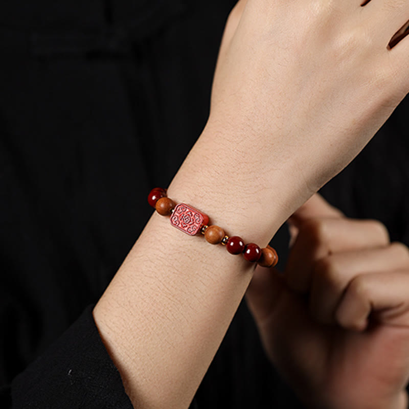 Buddha Stones Cinnabar Wood Beads Lotus Fu Character Blessing Bracelet - image 11