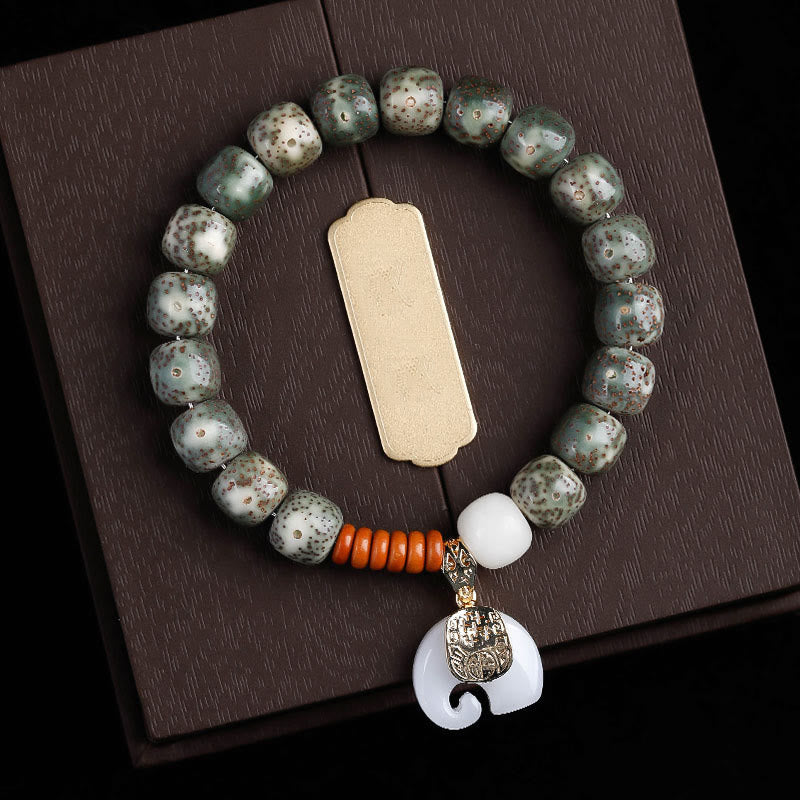 Buddha Stones Hand PolishedStar Moon Bodhi Seed Elephant Pattern Inner Peace Bracelet - Green Star Moon Bodhi Seed & White Elephant(Wrist Circumference: 14-16cm) - image 14